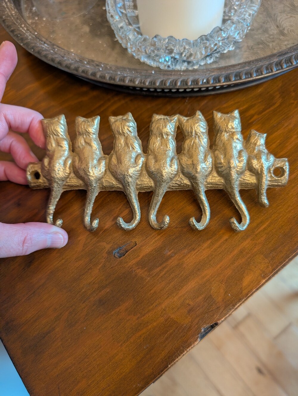 Vintage Brass Cat and Kitten Wall Mounted Key Jewelry Holder